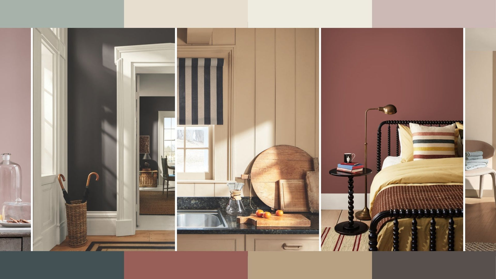 Collage of interior design elements and rooms showcasing colors from the Benjamin Moore 2026 Color Trends Palette.