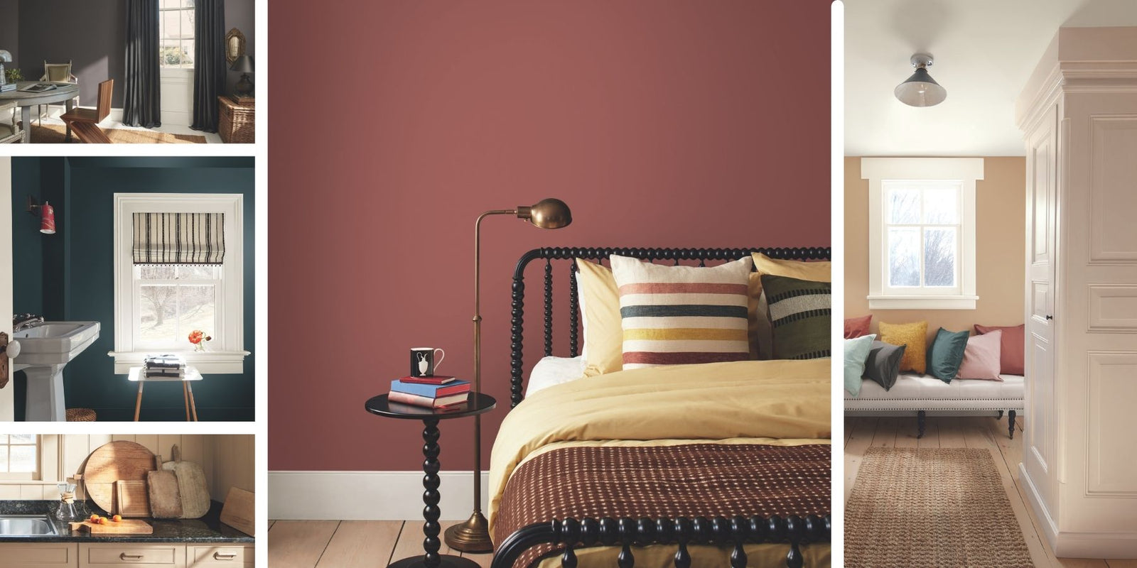 Collage of interior design elements and rooms showcasing colors from the Benjamin Moore 2026 Color Trends Palette.