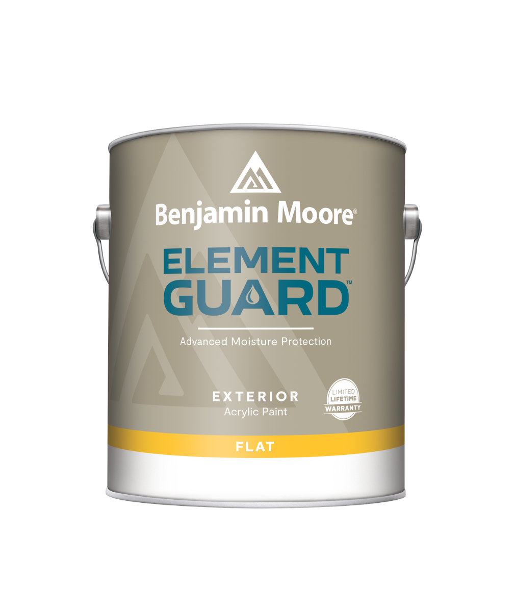 Benjamin Moore's Element Guard Exterior Flat Paint with Advanced Moisture Protection available at Southwestern Paint in Houston, TX.