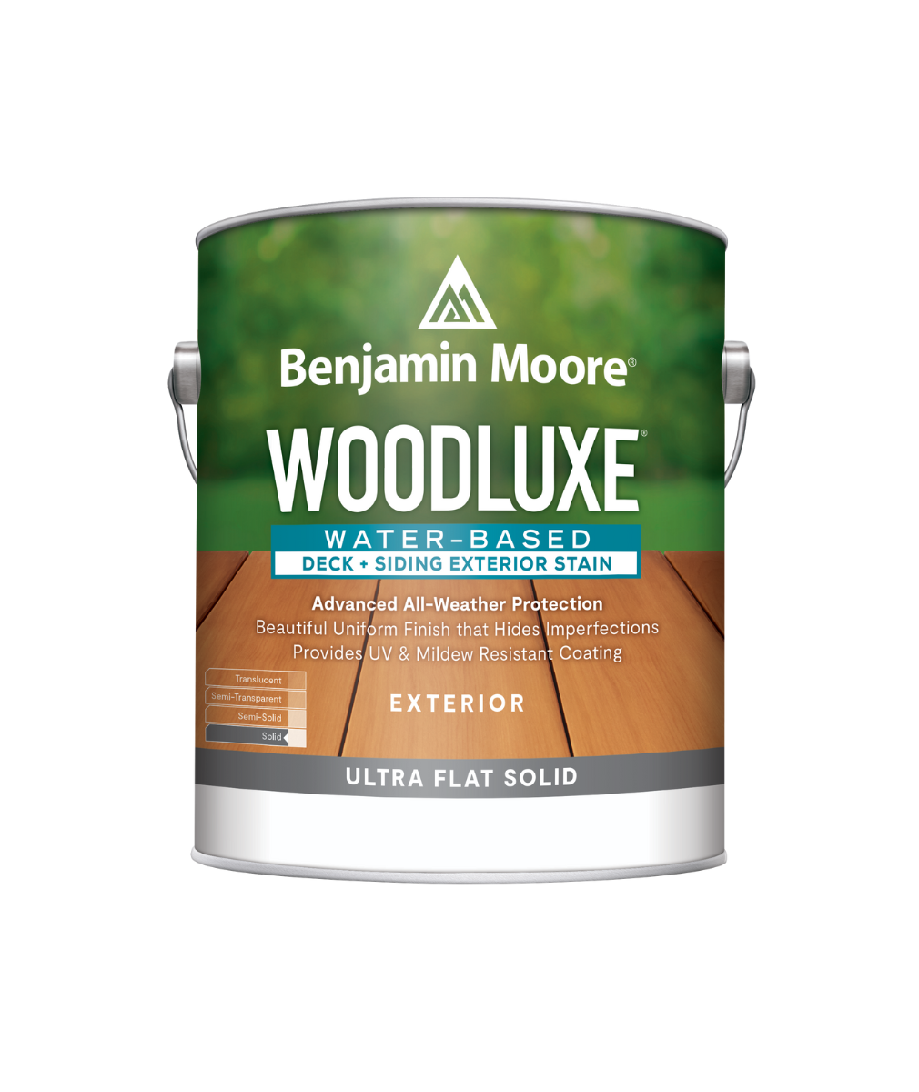 Benjamin Moore Woodluxe® Water-Based Deck + Siding Exterior Stain - Ultra Flat Solid Exterior Stain available at Southwestern Paint.