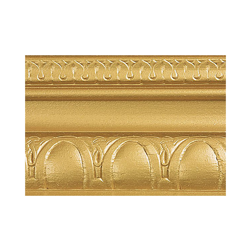metallic olympic gold modern masters paint color swatch piece of moulding, available at Southwestern Paint in Houston, TX.